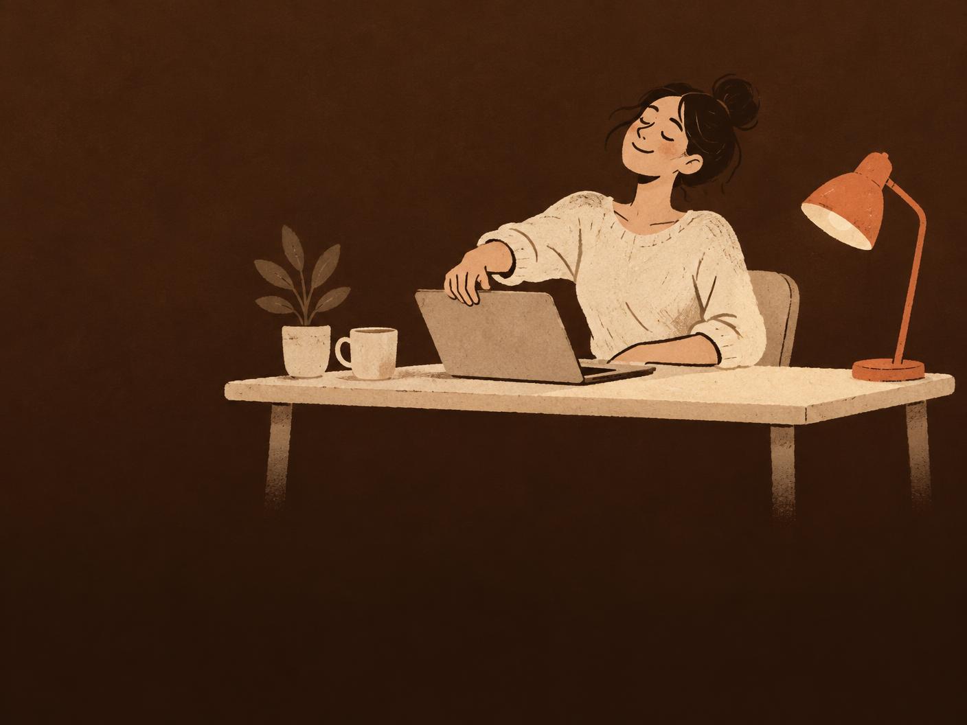Illustration of a remote worker calmly closing a laptop