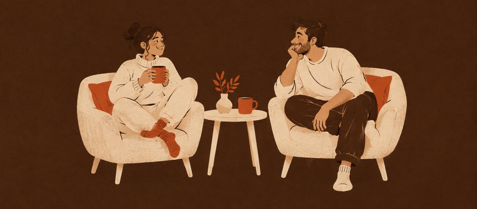 Illustration of two remote workers reconnecting over coffee